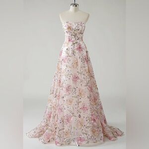ZAPAKA Sparkly Pink A-Line Strapless Sequin Floral Long Prom Dress